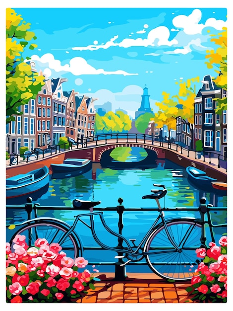Vektor amsterdam niederlande vintage reiseposter souvenir postkarten porträtmalerei wpa illustration