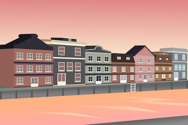 Amsterdamer Stadtbild mit alten Häusern und Wasserkanälen beim Sonnenuntergang Vektorillustration