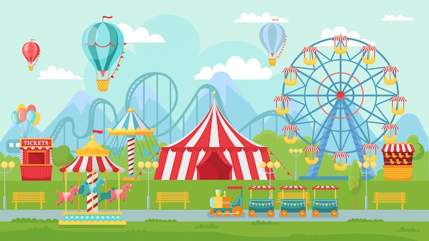 Amüsantes Parkfest. Vergnügungsattraktionen Landschaft, Kinderkarussell und Riesenrad Attraktion Illustration