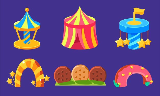 Amusement park icons set fairytale landschaft fantasy elemente für computer oder mobile game interface vektor-illustration