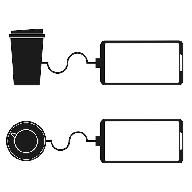 An eine Tasse angeschlossenes Smartphone und ein Glas Kaffee auf weißem Hintergrund