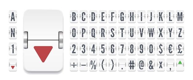 Vektor analoge terminal-scoreboard-schriftart zur anzeige von finanzinformationen vektorillustration weißes flughafen-flipboard mechanisches alphabet mit zahlen und symbolen für flugziel oder börsenkurse