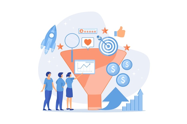 Analysten analysieren den Markt. Verkaufsstrategie, Lead-Generierung. Marketing-Funnel, Produktmarketing