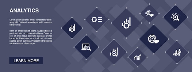 Analytics-banner 10 icons concept.lineares diagramm, webforschung, trend, überwachung einfacher symbole