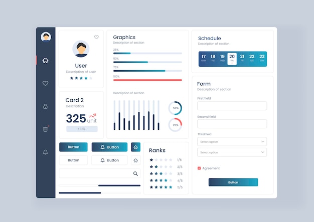 Analytics-Dashboard-Benutzeroberfläche mit vielfältiger Datenvisualisation Analytics-Dishboard-Benutzergeschnitt, das eine Vielzahl von Diagrammen und Tabellen für eine effiziente Datenverwaltung und -überwachung enthält