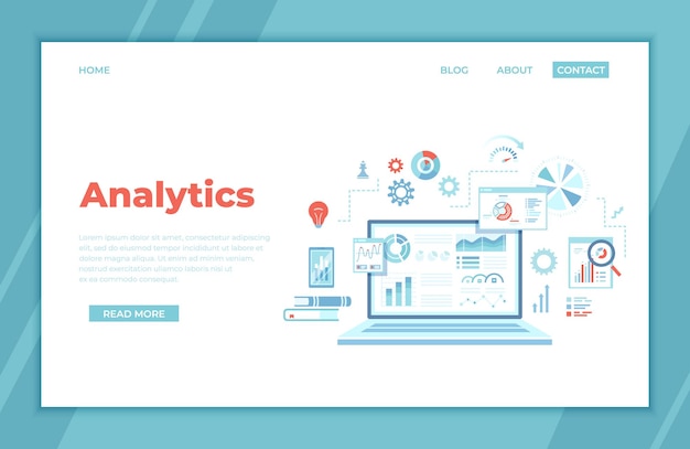 Vektor analytics-konzept analyse analysieren datenverarbeitung erfolgsstrategie laptop mit diagrammen