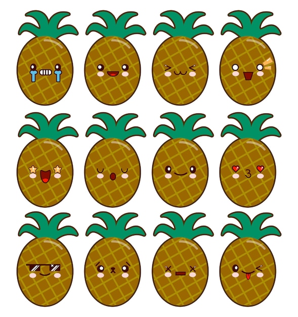 Ananas-cartoon-zeichensatz mit emotionen auf dem kawaii gesicht flaches design vektor-illustration