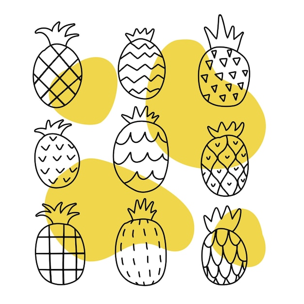 Ananas doodle set elemente handgezeichnete lineare vektorillustration isoliert auf weißem hintergrund m...