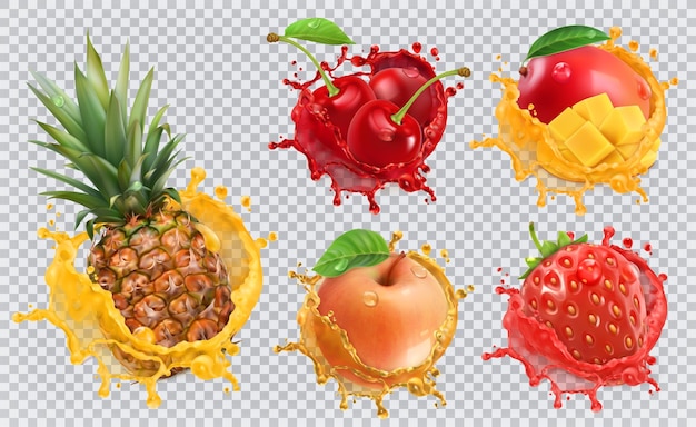 Vektor ananas, erdbeere, apfel, kirsche, mangosaft. frisches obst und spritzer, 3d-vektor-icon-set