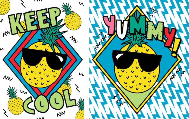 Vektor ananas-früchte-abzeichen-illustration mit leckerem zitat-comic-stil-design