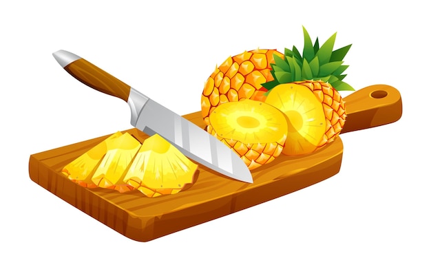 Vektor ananas geschnitten mit einem messer auf einem holzschneidbrett vektor-illustration isoliert auf weiß