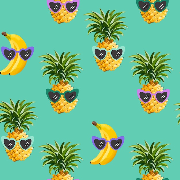 Ananas und Banane lustige Gläser nahtlose Muster für Modedruck, Sommertextur, Tapete, Grafikdesign, tropischer Hintergrund, Obstillustration in Vektor