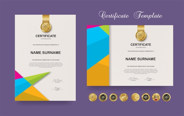 Anerkennungsurkunde oder award-diplom-template-design und vektor-goldene luxus-premium-abzeichen