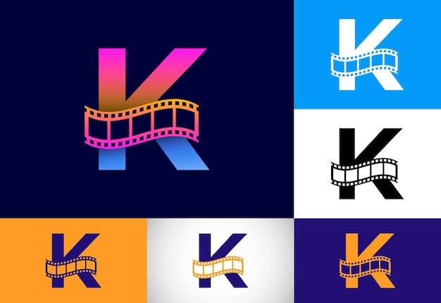 Anfängliches k-monogramm-alphabet in filmrolle integriert video- und filmlogokonzept font-emblem logo für das unterhaltungsgeschäft und die unternehmensidentität