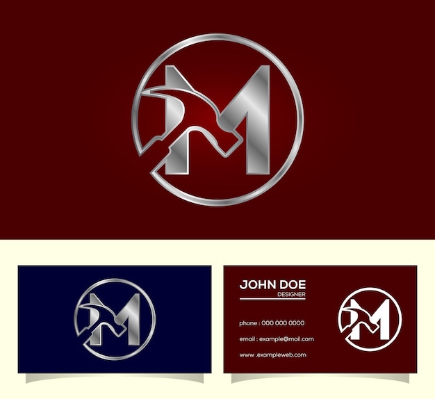 Anfängliches m-monogramm-buchstabenalphabet mit einem hammer. logo für reparatur, renovierung und bau.