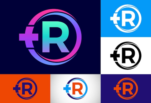 Anfängliches r-monogramm in einem kreis mit kreuz plus medizinisches logo logo für das apothekenklinikgeschäft