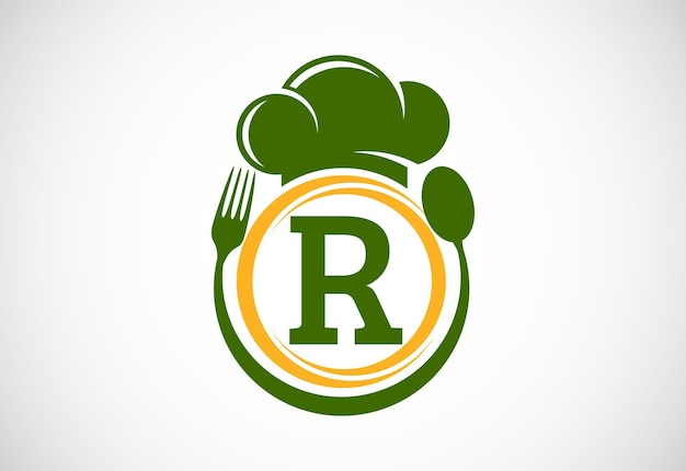 Anfangsbuchstaben R mit Kochhut, Löffel und Gabel Modernes Vektor-Logo für das Kochen in Cafés und Restaurants und Unternehmensidentität