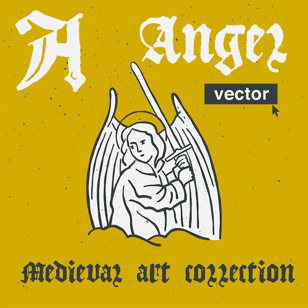 Vektor angel vector gravur style illustration mittelalterliche kunst mit blackletter-kalligrafie