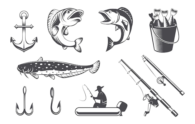 Angeletiketten Traditionelles Wassersportturnier mit Angelruten-Hakengerät, exakte Vektor-Monochrom-Symbole Illustration des Angeletiketten-Silhouettenhintergrunds