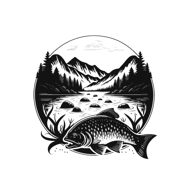 Vektor angeln von fischen im wasser leere und weiße vintage-logo-design-vorlage