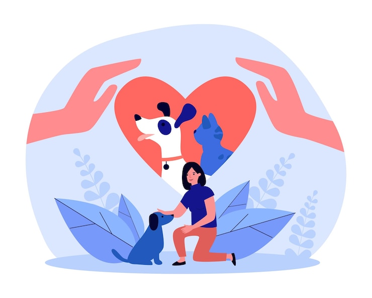 Vektor angenommene haustiere im menschlichen herzen. frau liebevoller hund, annahme obdachloser welpen flache vektorgrafiken. annahme, tierliebe und wohltätigkeitskonzept für banner, website-design oder landing-webseite