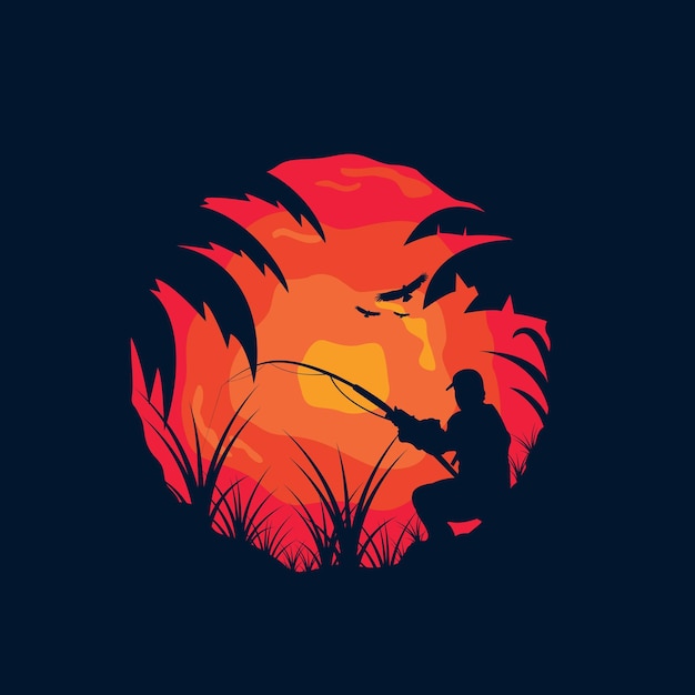 Angler-Fischen-Schattenbild-Logoillustration im Design des Sonnenuntergangs im Freien