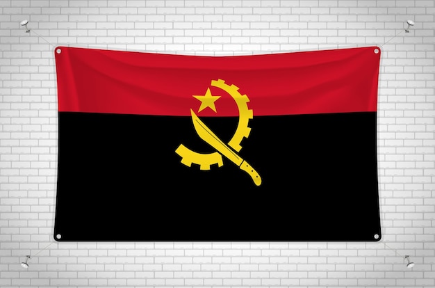 Angola-flagge, die an der ziegelwand hängt. 3d-zeichnung. fahne an der wand befestigt. ordentlich in gruppen zeichnen