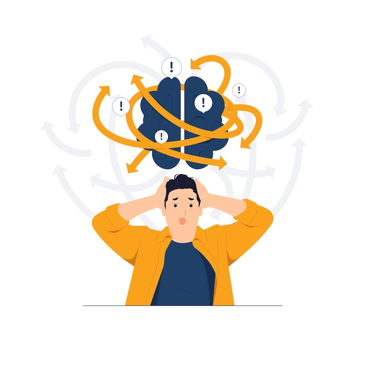 Vektor angst, posttraumatische störung, stress, depression, schizophrenie, psychische gesundheit, mann fühlt sich frustriert, verängstigt, schockiert, panik, angst und verängstigt, konzeptillustration