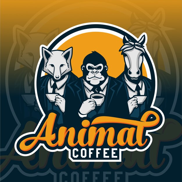 Animal coffe logo design mit gorilla-, fuchs- und pferdecharakter