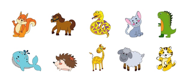 Animals cute doodle set vektor-farbillustration isoliert auf weiß