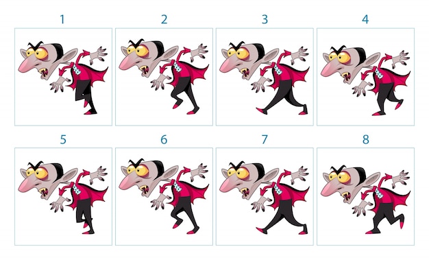 Animation eines lustigen cartoon vampire charakter in 8 frames in loop isolierte vektor-elemente