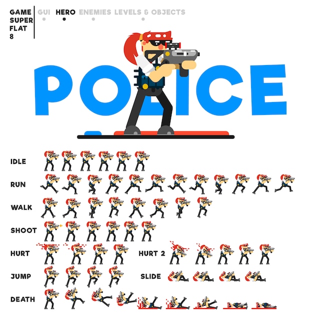 Vektor animation eines polizeimädchens mit einem gewehr zum erstellen eines videospiels