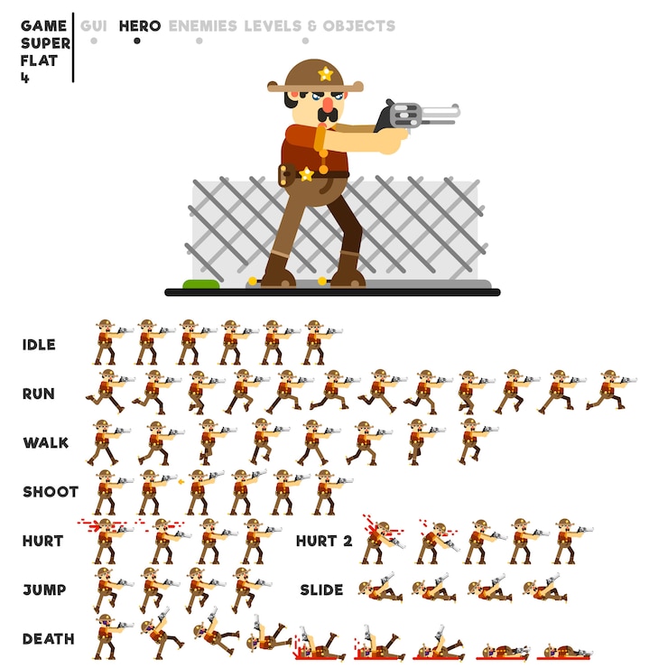 Vektor animation eines sheriffs mit einem hengstfohlen zum erstellen eines videospiels