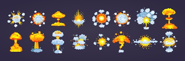 Animation für spiel mit explosionseffekt, feuerrauch, brennen mit elementflamme, partikelvektor