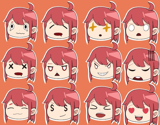 Vektor anime-aufkleber mit einem mädchengesicht und mit verschiedenen emotionen auf ihrem gesicht und mit roten haaren