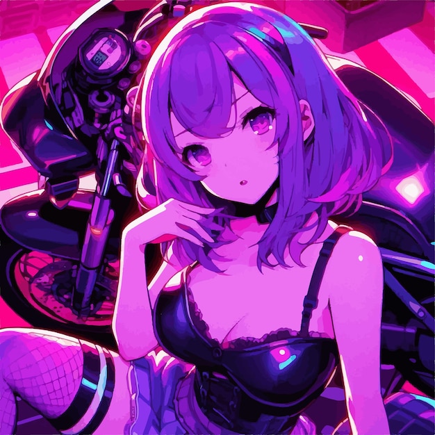 Anime Biker Girl in Neon Pink Motorrad Einstellung Vektorzeichnung