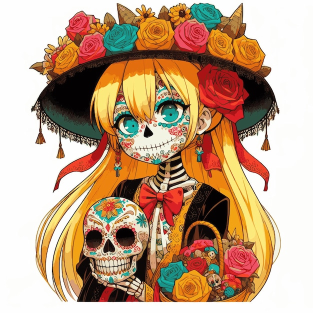 Anime Dia de los Muertos Zeichentrickfilm mit Blumen und Schädel-Illustration