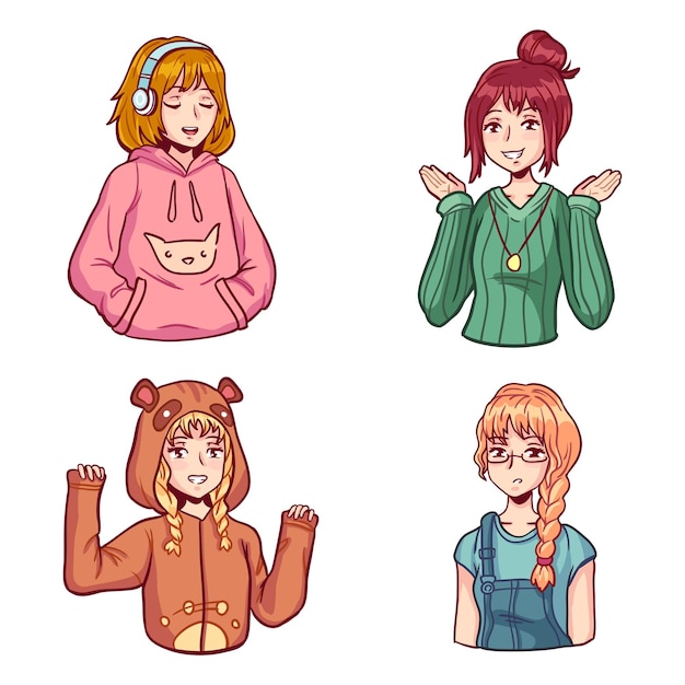 Vektor anime girls character kit verschiedene manga-teenagerinnen in süßer freizeitkleidung im japanischen stil