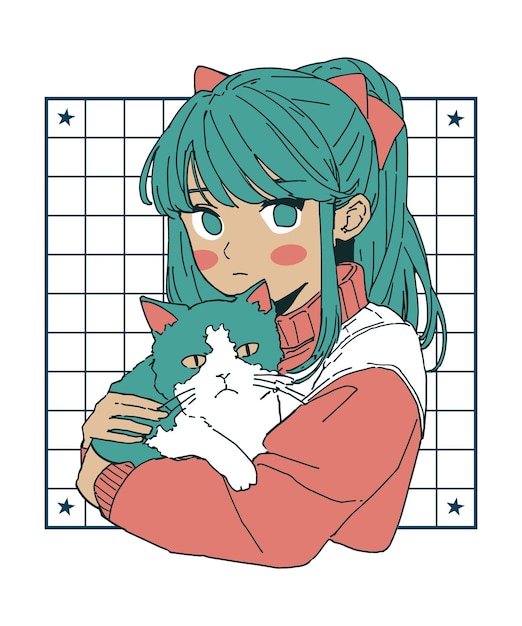 Anime-Mädchen mit einem Katzen-T-Shirt