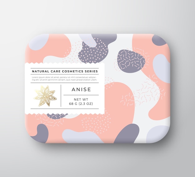 Anis bad kosmetik paket box vektor eingewickelter papierbehälter mit care label cover verpackungsdesign moderne typografie und handgezeichnetes spice abstract camo background pattern layout