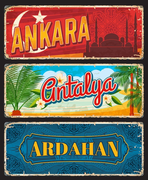 Ankara, antalya und ardahan provinzen der türkei, il vintage teller. vektor im alter von reiseziel-bannern. retro-grunge-schilder, antike getragene postkarten, touristische türkische sehenswürdigkeiten-plaketten-set