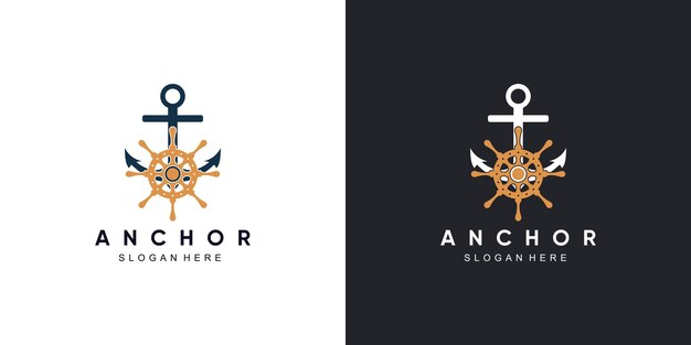 Anker-marine-logo-design mit icon-kompassrad-steuerung und schiff