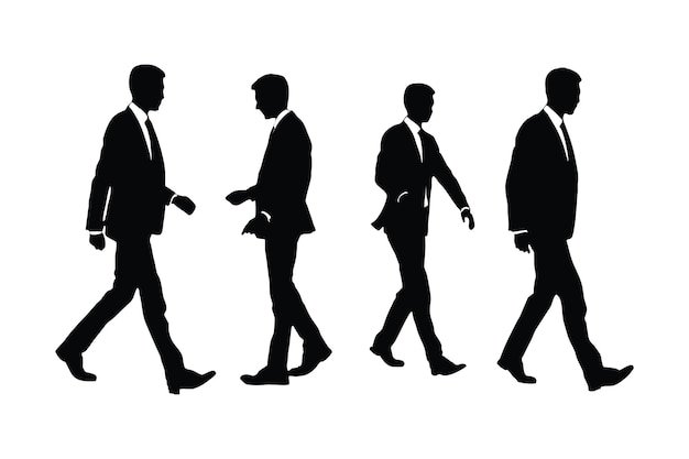Anonyme Geschäftsleute stellen Vektoren ein, die Anzüge tragen und in verschiedenen Positionen stehen. Büroangestellte-Silhouetten-Vektorbündel. Männliche Model-Silhouette mit offiziellen Kleidern auf weißem Hintergrund