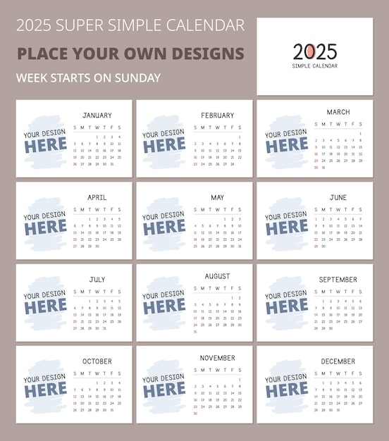 Anpassbare 2025 kalendervorlage mit copyspace für ihren eigenen entwurf minimal-layout-vektor 