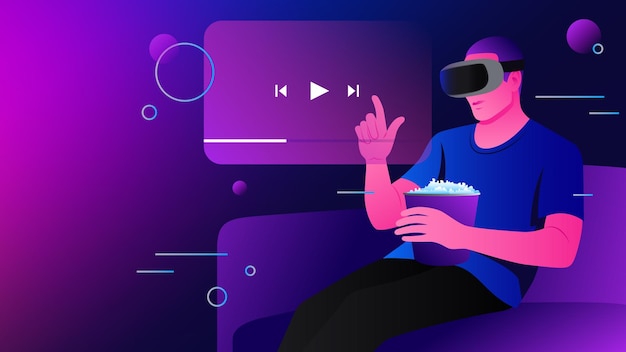 Ansehen von Filmen in Metaverse Man in VR-Brille mit Popcorn-Illustration