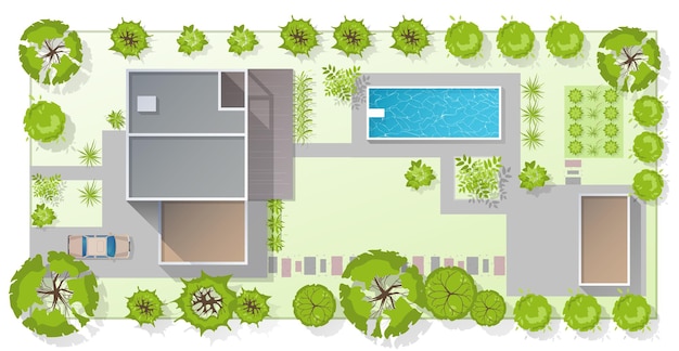 Ansicht von oben landschaftsgestaltung plan mit haus hof rasen und garage sehr detaillierter plan eines landes ansicht von oben eines hauses vector illustration of cityscape oder map of town village