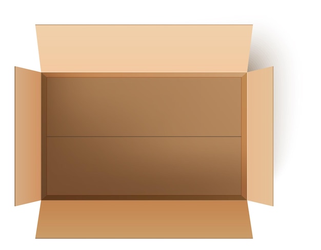 Ansicht von oben öffnen. Realistisches Modell der leeren Pappverpackung lokalisiert auf weißem Hintergrund