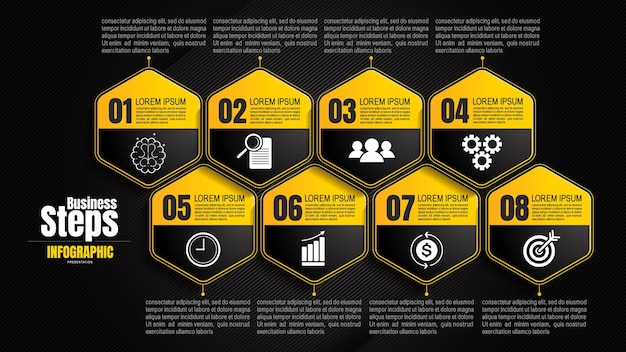 Ansprechende schwarz-gelbe infografik-vorlagen für präsentationen