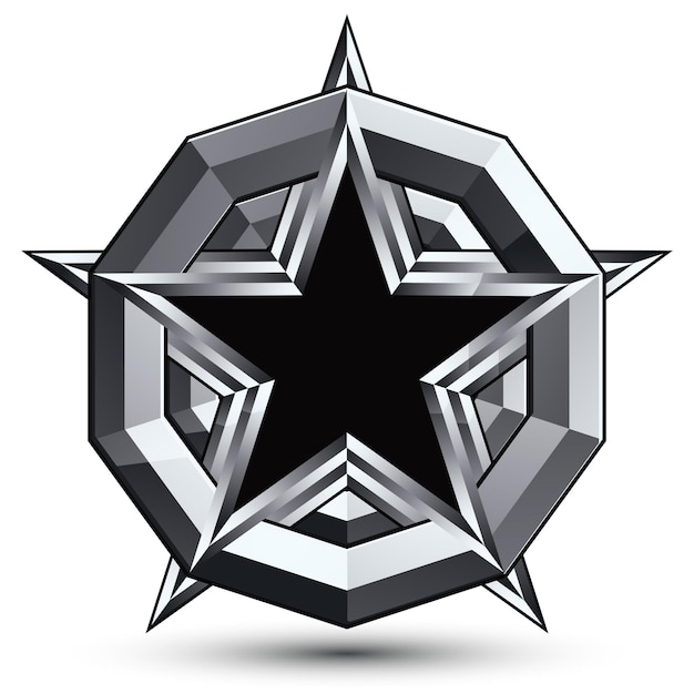 Anspruchsvolles Design geometrisches Symbol, stilisierter fünfeckiger schwarzer Stern auf einer runden silbernen Oberfläche, am besten für den Einsatz im Web- und Grafikdesign. Poliertes 3D-Vektorsymbol isoliert auf weißem Hintergrund. Kl