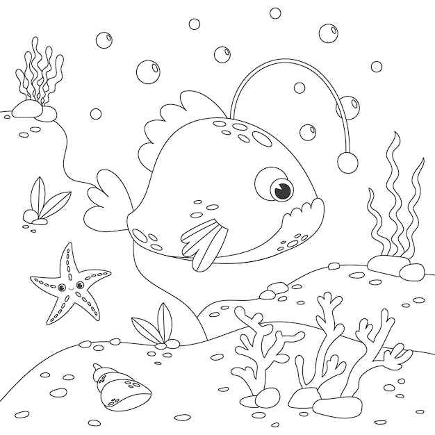 Vektor anti-stress-farbenbuch für kinder mit verschiedenen fischen, meeresboden und algen unterwasserleben des anglers